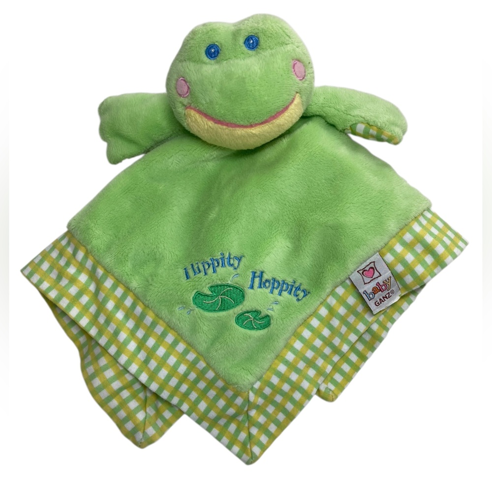 Baby Ganz Green Yellow Frog 13" Lovey Blanket Hippity Hoppity Checkered Trim‎